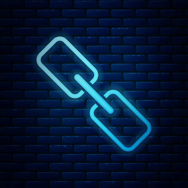 Icono de eslabón de cadena de neón brillante aislado sobre fondo de pared de ladrillo. Enlace único. Símbolo de cadena hipervínculo. Ilustración vectorial — Vector de stock