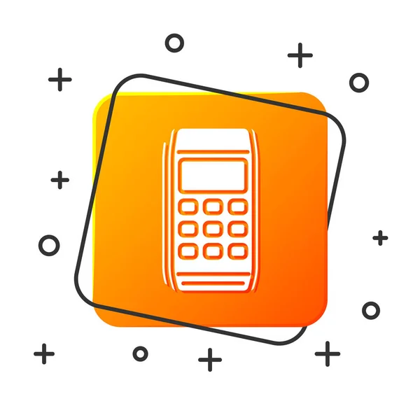 Weiß pos Terminal Symbol isoliert auf weißem Hintergrund. Zahlungsterminal Transaktion. Bezahlen mit Karte. orangefarbene quadratische Taste. Vektorillustration — Stockvektor