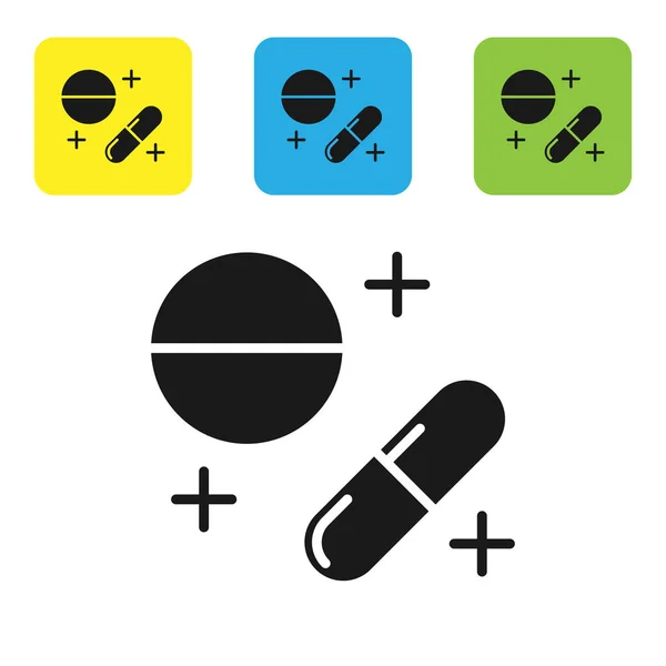 Черная медицина таблетки или таблетки значок изолирован на белом фоне. Капсула и наркотический знак. Аптечный дизайн. Настроить иконки красочные квадратные кнопки. Векторная миграция — стоковый вектор