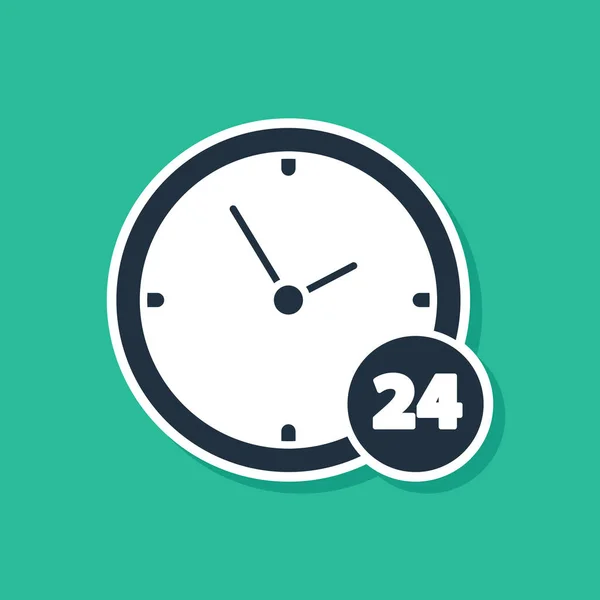 Blauwe klok 24 uur pictogram geïsoleerd op groene achtergrond. Hele dag cyclisch icoon. 24 uur service symbool. Vector illustratie — Stockvector