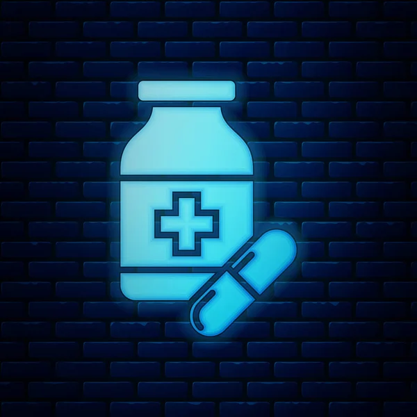 Bottiglia luminosa al neon Medicina e pillole icona isolata su sfondo muro di mattoni. Segno della pillola della bottiglia. Design della farmacia. Illustrazione vettoriale — Vettoriale Stock