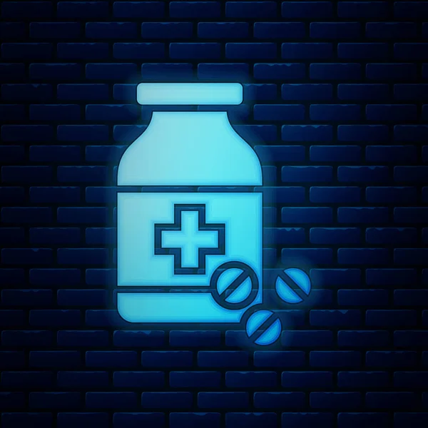 Brilhante neon medicina garrafa e pílulas ícone isolado no fundo da parede de tijolo. Sinal de pílula de garrafa. Design de farmácia. Ilustração vetorial —  Vetores de Stock
