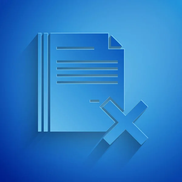 Paper cut Delete file document icon isolated on blue background. Rejected document icon. Cross on paper. Paper art style. Vector Illustration — Stock Vector