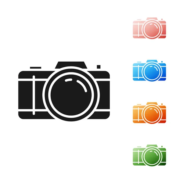 Schwarzes Fotokamera-Symbol isoliert auf weißem Hintergrund. Ikone der Fotokamera. Setzen Sie Symbole bunt. Vektorillustration — Stockvektor