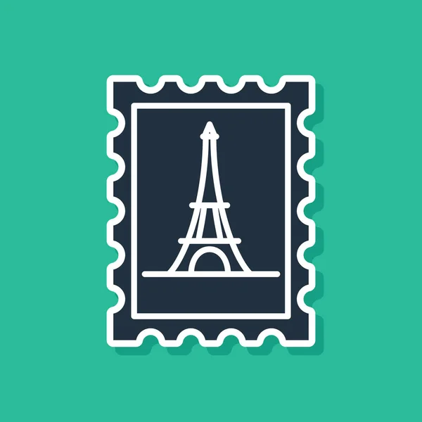 Timbre postal bleu et icône de la tour Eiffel isolés sur fond vert. Illustration vectorielle — Image vectorielle