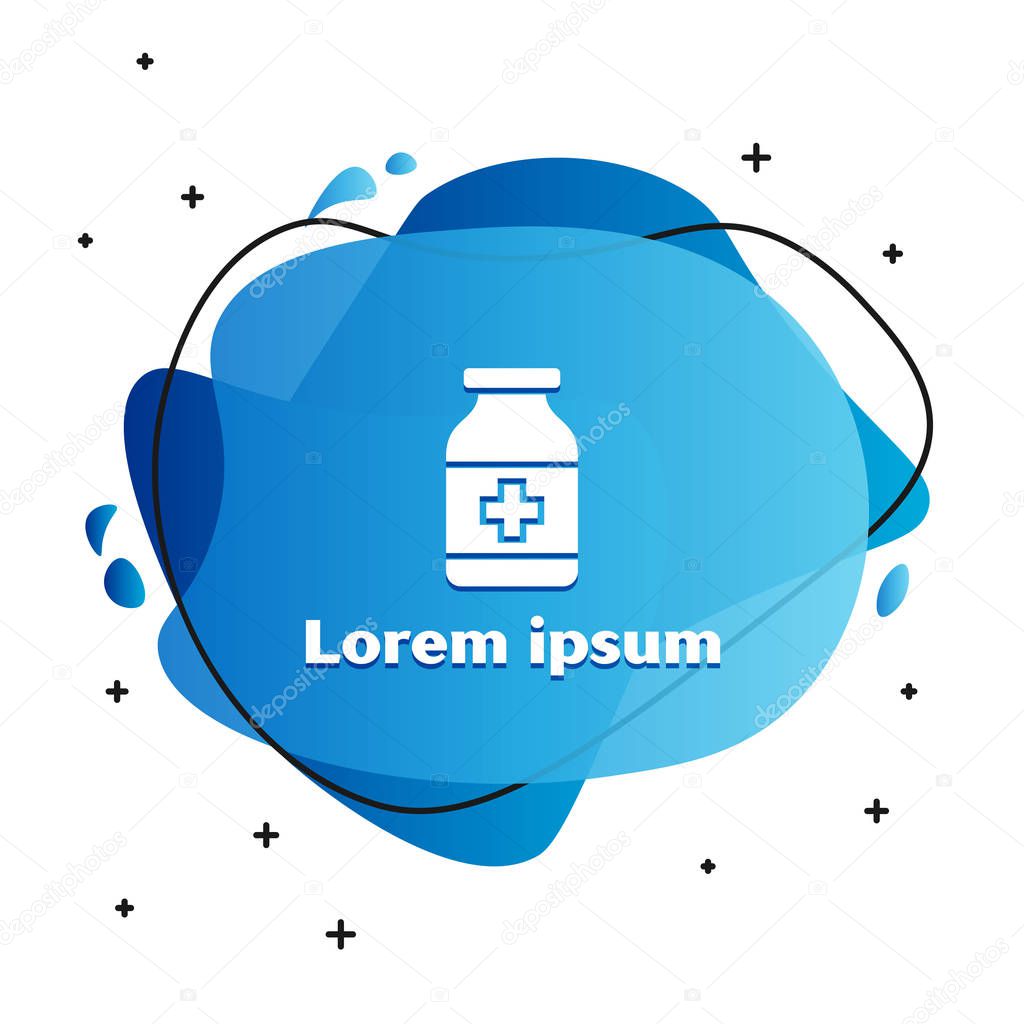 White Medicine bottle icon isolated on white background. Bottle pill sign. Pharmacy design. Abstract banner with liquid shapes. Vector Illustration