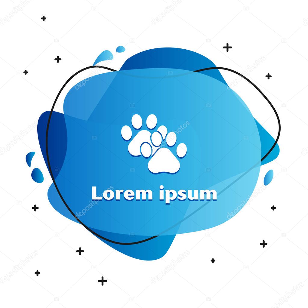 White Paw print icon isolated on white background. Dog or cat paw print. Animal track. Abstract banner with liquid shapes. Vector Illustration