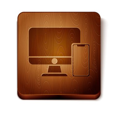 Kahverengi bilgisayar monitörü ve beyaz arka planda izole cep telefonu simgesi. Internet, pazarlama kazançlar. Ahşap kare düğme. Vektör Illustration