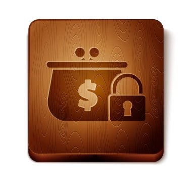 Kahverengi kapalı cüzdan beyaz arka planda izole kilit simgesi ile. Kilitli cüzdan. Güvenlik, emniyet, koruma konsepti. Güvenli ödeme kavramı. Ahşap kare düğme. Vektör Illustration