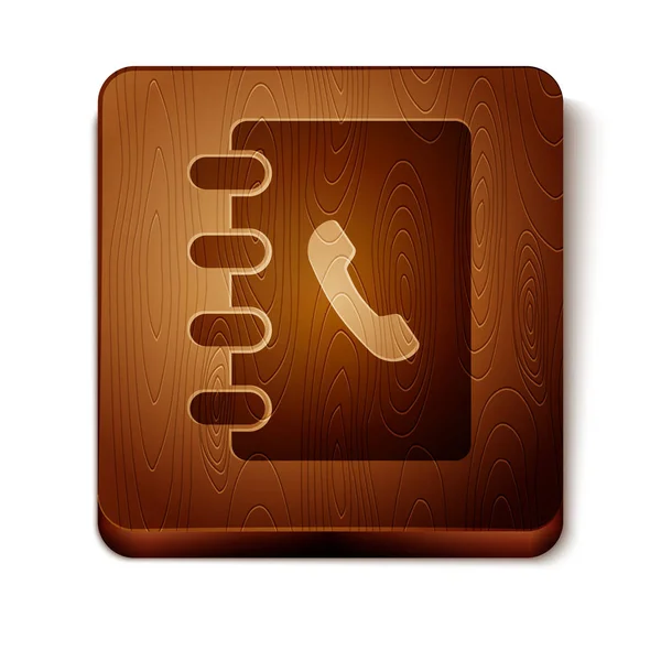 茶色のアドレス帳アイコンが白い背景に分離されています。ノートブック、住所、連絡先、ディレクトリ、電話、電話帳アイコン。木製の正方形のボタン。ベクトルイラストレーション — ストックベクタ
