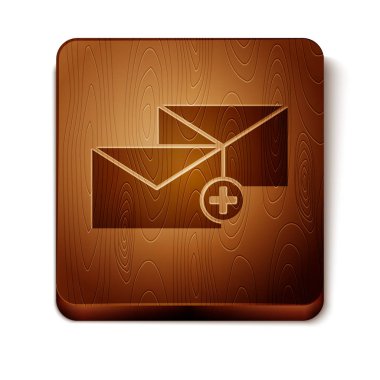 Beyaz arka planda izole kahverengi zarf simgesi. Alınan ileti kavramı. Yeni, e-posta gelen mesaj, SMS. Posta teslimatı hizmeti. Ahşap kare düğme. Vektör Illustration