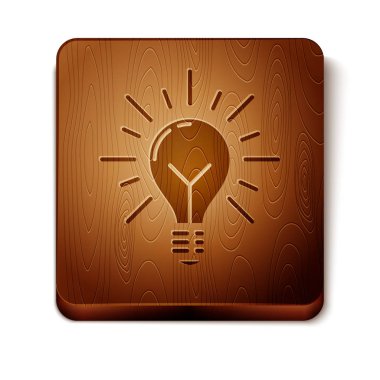 Işıklar ile kahverengi ampul parlaklık ve fikir simgesi beyaz arka planda izole kavramı. Enerji ve fikir sembolü. İlham konsepti. Ahşap kare düğme. Vektör Illustration