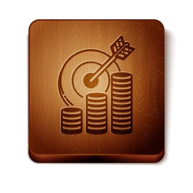 Beyaz arka planda izole jeton sembolü ile kahverengi hedef. Yatırım hedef simgesi. Başarılı iş konsepti. Nakit veya para işareti. Ahşap kare düğme. Vektör Illustration