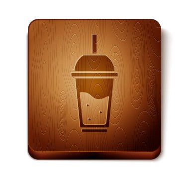 Kahverengi cam limonata içme saman simgesi beyaz arka planda izole. Ahşap kare düğme. Vektör Illustration