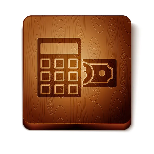 Bruin calculator met dollar symbool pictogram geïsoleerd op witte achtergrond. Geldbesparende concept. Boek houdings symbool. Houten vierkante knop. Vector illustratie — Stockvector