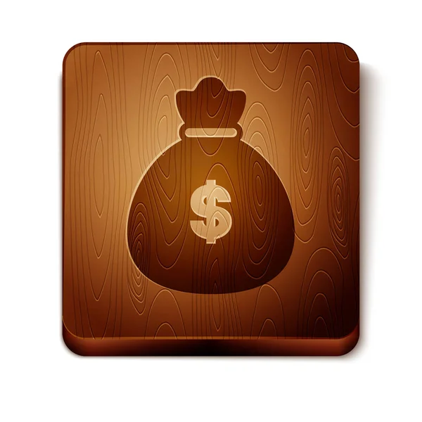 Brown Money bag icon isolated on white background. Dollar or USD symbol. Cash Banking currency sign. Wooden square button. Vector Illustration — Stock Vector