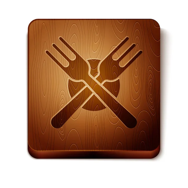Brown Crossed fork icon isolated on white background. Cutlery symbol. Wooden square button. Vector Illustration — Stock Vector