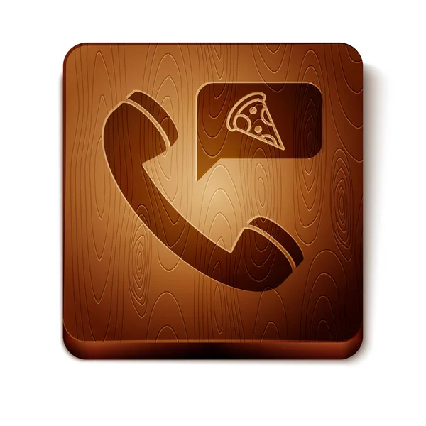Brown Food commande icône de pizza isolé sur fond blanc. Commandez par téléphone portable. Restaurant concept de livraison de nourriture. Bouton carré en bois. Illustration vectorielle — Image vectorielle