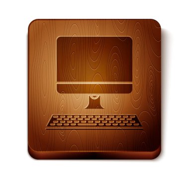 Beyaz arka planda yalıtılmış klavye simgesi ile kahverengi bilgisayar monitörü. PC bileşen işareti. Ahşap kare düğme. Vektör Illustration