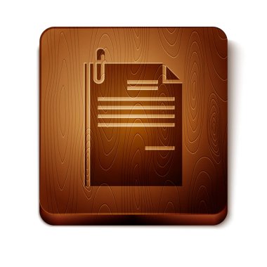 Kahverengi dosya belgesi ve kağıt klip simgesi beyaz arka planda yalıtılmış. Kontrol listesi simgesi. İş konsepti. Ahşap kare düğme. Vektör Illustration