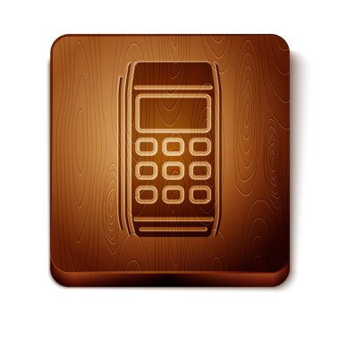 Kahverengi POS Terminal simgesi beyaz arka planda yalıtılmış. Ödeme terminali hareketi. Kart ile öde. Ahşap kare düğme. Vektör Illustration