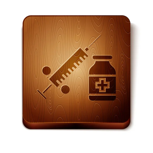 Brown Medical syringe with needle and vial or ampoule icon isolated on white background. Vaccination, injection, vaccine, insulin concept. Wooden square button. Vector Illustration — Stock Vector