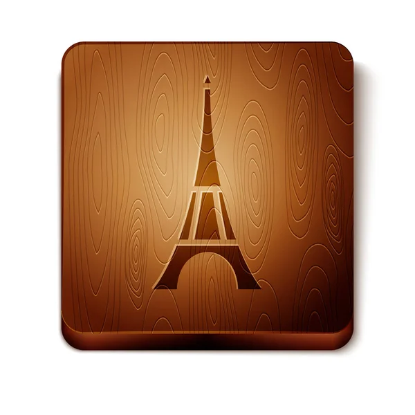 Ícone da torre Eiffel marrom isolado no fundo branco. França Paris símbolo de referência. Botão quadrado de madeira. Ilustração vetorial — Vetor de Stock