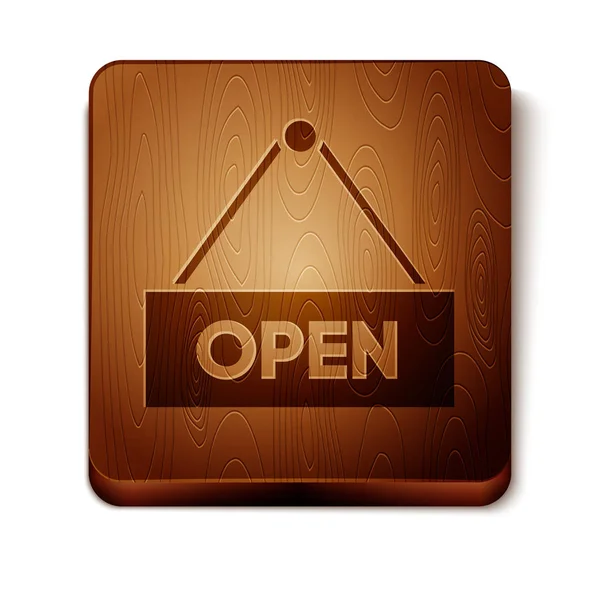 白い背景に隔離されたテキストオープンドアアイコンを持つ茶色のハンギングサイン。木製の正方形のボタン。ベクトルイラストレーション — ストックベクタ