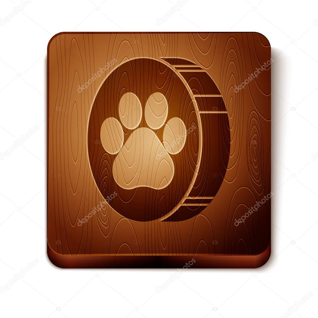 Brown Paw print icon isolated on white background. Dog or cat paw print. Animal track. Wooden square button. Vector Illustration