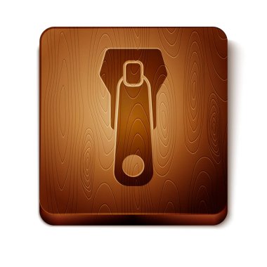 Beyaz arka planda izole kahverengi fermuar simgesi. Ahşap kare düğme. Vektör Illustration
