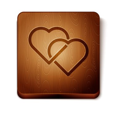 Beyaz arka planda izole kahverengi Iki bağlantılı Hearts simgesi. Romantik sembol bağlı, katılmak, tutku ve düğün. Sevgililer günü sembolü. Ahşap kare düğme. Vektör Illustration