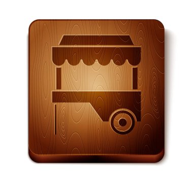 Beyaz arka planda izole tente simgesi ile Brown Fast sokak gıda sepeti. Kentsel Kiosk. Ahşap kare düğme. Vektör Illustration