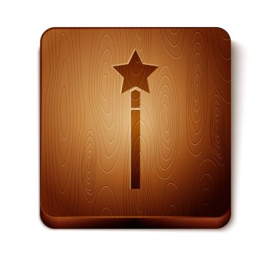 Beyaz arka planda izole Brown Magic değnek simgesi. Yıldız şekli sihirli aksesuarı. Büyülü güç. Ahşap kare düğme. Vektör Illustration