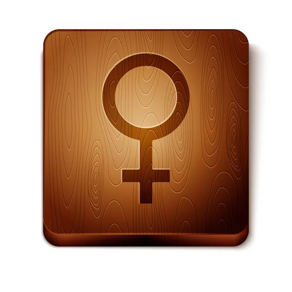 Brown Female gender symbol icon isolated on white background. Venus symbol. The symbol for a female organism or woman. Wooden square button. Vector Illustration — Stock Vector