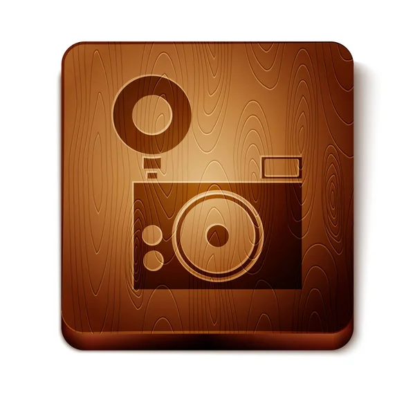 Immagine marrone icona della fotocamera isolata su sfondo bianco. Icona della fotocamera fotografica. Bottone quadrato in legno. Illustrazione vettoriale — Vettoriale Stock