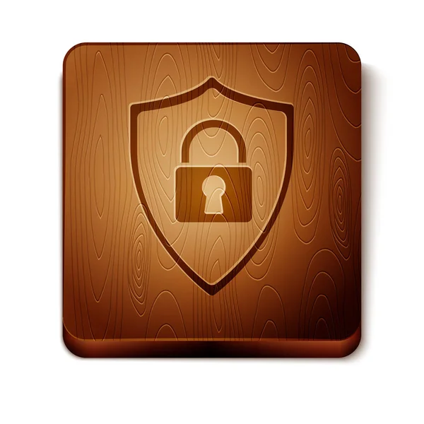 Brown Shield segurança com ícone de bloqueio isolado no fundo branco. Proteção, segurança, segurança por senha. Firewall sinal de privacidade de acesso. Botão quadrado de madeira. Ilustração vetorial —  Vetores de Stock