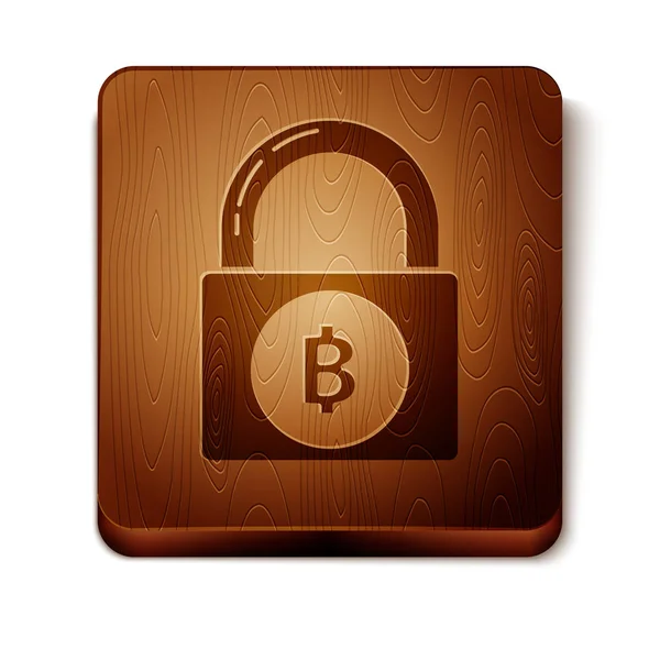 Brown Lock с иконкой bitcoin, выделенной на белом фоне. Добыча криптовалют, технология блокчейна, безопасность, защита, цифровые деньги. Деревянная квадратная кнопка. Векторная миграция — стоковый вектор