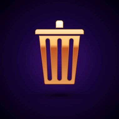 Gold Trash koyu mavi arka planda yalıtılmış simge olabilir. Çöp kutusu tabelası. Sepet simgesini geri dönüştürün. Office çöp simgesi. Vektör İllüstrasyonu