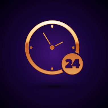 Altın Saat 24 saat simgesi koyu mavi arka plan üzerinde izole. Tüm gün döngüsel simge. 24 saat hizmet sembolü. Vektör İllüstrasyonu