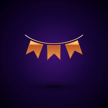 Altın Karnaval çelenk bayrakları simgesi lacivert arka plan üzerinde izole ile. Doğum günü kutlaması, festival ve adil dekorasyon için parti pennants. Vektör İllüstrasyonu