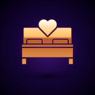 Altın Yatak Odası simgesi koyu mavi arka plan izole. Düğün, aşk, evlilik sembolü. Balayı koleksiyonundan yatak odası yaratıcı simgesi. Vektör İllüstrasyonu