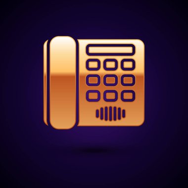 Altın Telefon simgesi koyu mavi arka planda izole. Sabit telefon. Vektör İllüstrasyonu