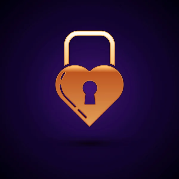 Złoty zamek w kształcie ikony serca, izolowane na ciemnym niebieskim tle. Zablokowane serce. Symbol miłości i znak otworu na klucze. Ilustracja wektorowa — Wektor stockowy