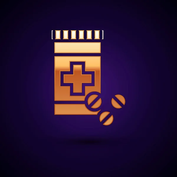 Gold Medicine butelka i pigułki ikona izolowane na ciemnym niebieskim tle. Znak pigułki butelki. Projektowanie farmacji. Ilustracja wektorowa — Wektor stockowy