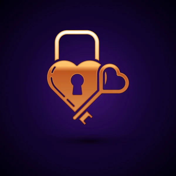 Castelo de ouro na forma de um coração e ícone chave isolado no fundo azul escuro. Coração trancado. Símbolo de amor e sinal de fechadura. Ilustração vetorial — Vetor de Stock