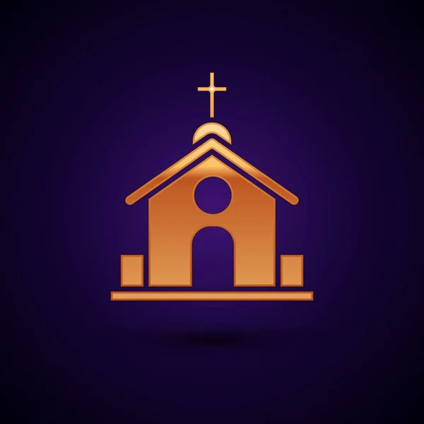 金色教堂建筑图标孤立在深蓝色背景上。基督教会。教会的宗教。矢量插图 — 图库矢量图片