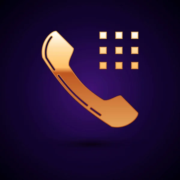 Icono de teléfono dorado aislado sobre fondo azul oscuro. Señal telefónica. Ilustración vectorial — Archivo Imágenes Vectoriales