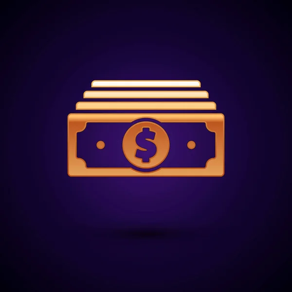 Gold στοίβες χαρτί Money μετρητά εικονίδιο απομονωθεί σε σκούρο μπλε φόντο. Τα χαρτονομίσματα των χρημάτων στοίβες. Το νόμισμα του νομοσχεδίου. Απεικόνιση διανυσματικών φορέων — Διανυσματικό Αρχείο