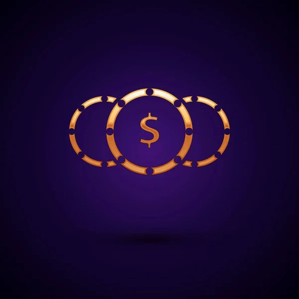 Monnaie en or avec icône symbole dollar isolé sur fond bleu foncé. Signe de devise bancaire. Symbole cash. Illustration vectorielle — Image vectorielle