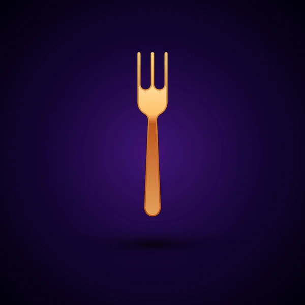 Icona Gold Fork isolata su sfondo blu scuro. Posate simbolo. Illustrazione vettoriale — Vettoriale Stock